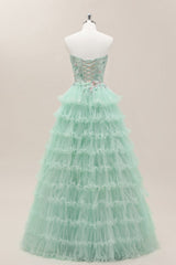 Mint Green Floral Corset Bodice Ball Gown with Tiered Tulle Skirt and Lace-Up Closure