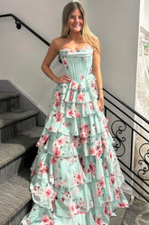 Mint Green Watercolor Floral Strapless Prom Dress with Sweetheart Tiered Chiffon Train