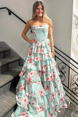 Mint Green Watercolor Floral Strapless Prom Dress with Sweetheart Tiered Chiffon Train