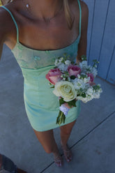 Mint Green Satin Spaghetti Straps Homecoming Dress with Floral Embroidery