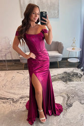 Mulberry Off-the-Shoulder Metallic Long Mermaid Prom Dress with Leg Slit