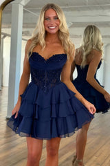 Navy Beaded Sweetheart Corset Tiered Ruffle Homecoming Dress