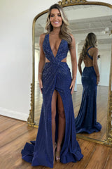 Navy Blue Mermaid Deep V Cross Back Gown with Beading and Slit Prom Dress