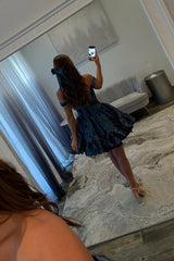 Navy Blue Off-the-Shoulder Floral Jacquard Homecoming Dress with Ruffle Hem