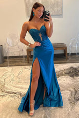 Gorgeous Mermaid Sweetheart Navy Blue Satin Prom Dress with Appliques Split