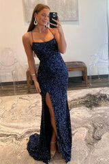 Navy Fitted Sequin Long Prom Dress with Spaghetti Straps and Side Slit