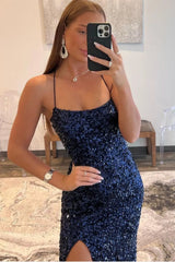 Navy Fitted Sequin Long Prom Dress with Spaghetti Straps and Side Slit