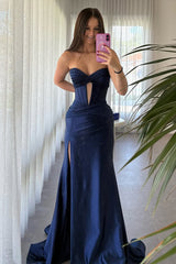 Navy Strapless Sweetheart Satin Prom Dress with Cutout Bodice and High Slit