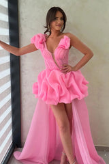 Neon Pink Asymmetric Flower Shoulder High Low Ruffled Gown