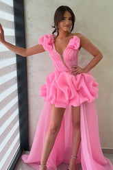 Neon Pink Asymmetric Flower Shoulder High Low Ruffled Gown