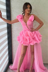 Neon Pink Asymmetric Flower Shoulder High Low Ruffled Gown
