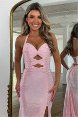 Sparkly Beaded Halter Neck Mermaid Prom Dress with Lace-Up Back