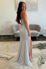 Sparkly Silver Beaded Mermaid Prom Dress with Deep V-Neck and Front Slit