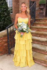 Strapless Yellow Tiered Ruffle Satin Prom Ball Gown with Beaded Neckline