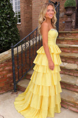 Strapless Yellow Tiered Ruffle Satin Prom Ball Gown with Beaded Neckline