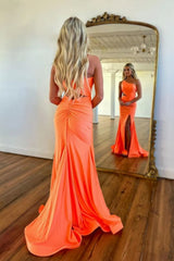 Orange One Shoulder Satin Mermaid Prom Dress with Cutout Waist and Slit