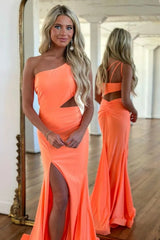 Orange One Shoulder Satin Mermaid Prom Dress with Cutout Waist and Slit
