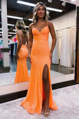 Orange Sequin Spaghetti Straps Lace Up Long Prom Dress with Slit