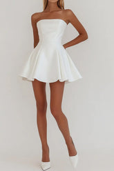 Simple A-Line Strapless Zipper Back Mini Satin White Graduation Dress