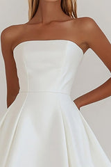 Simple A-Line Strapless Zipper Back Mini Satin White Graduation Dress