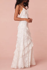 White Sheath Spaghetti Straps Backless Long Dress with Ruffles Graduation Dress