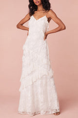 White Sheath Spaghetti Straps Backless Long Dress with Ruffles Graduation Dress