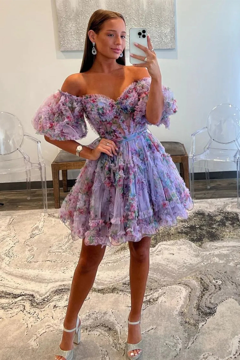 Furlla Women Cute Floral Print A Line Homecoming Dress with Off the Shoulder Neckline and Short Length Furlla Official Furlla Women Cute Floral Print A Line Homecoming Dress with Off the Shoulder Neckline and Short Length Furlla Official
