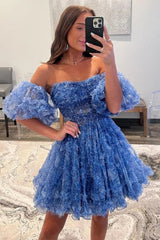 Stunning Floral Print A Line Homecoming Dress with Tulle Fabric and Removable Sleeves