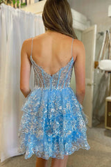 Three Layer Short Homecoming Dress with Spaghetti Straps and Sparkling Appliques