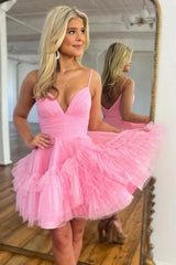 Lovely A-Line Tulle Design with Spaghetti Straps and Soft Ruffles Homecoming Dress
