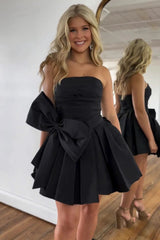 Cute A-Line Strapless Short Satin Dress with Bow Homecoming Dress
