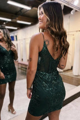 Sparkly Bodycon Spaghetti Straps Short Dress with Sequined Appliques Homecoming Dress