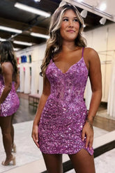 Stunning Sparkly Backless Spaghetti Straps Short Tight Sequin Dress Homecoming Dress
