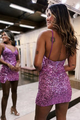 Stunning Sparkly Backless Spaghetti Straps Short Tight Sequin Dress Homecoming Dress
