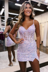 Stunning Sparkly Backless Spaghetti Straps Short Tight Sequin Dress Homecoming Dress