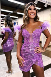 Gorgeous Bodycon Off The Shoulder Lace Up Sequin Dress with Feather Homecoming Dress