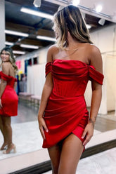 Chic Off-the-Shoulder Satin Homecoming Dress with Structured Pleats