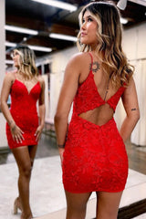 Red Lace Bodycon Homecoming Dress with Spaghetti Straps and Keyhole Back
