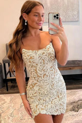 Champagne Strapless Bodycon Short Dress with Beaded Details Homecoming Dress
