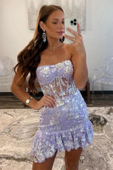Gorgeous Lilac Strapless Sparkly Tight Short Dress with Sequin Accents Homecoming Dress