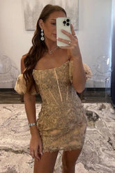 Champagne Strapless Homecoming Dress with Puff Sleeves and Appliques