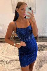 Gorgeous Glitter Bodycon Short Dress with Spaghetti Straps and Lace Up Back Homecoming Dress