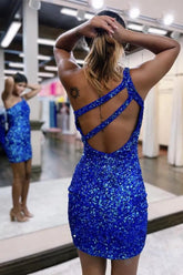 Stylish One Shoulder Bodycon Short Dress with Sequins and Keyhole Back Homecoming Dress