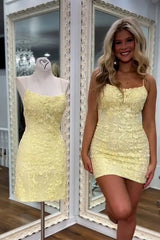 Short Yellow Bodycon Spaghetti Straps Homecoming Dress with Lace Detail