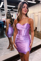 Fitted Satin Homecoming Dress with Spaghetti Straps and Corset-Style Back