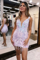 Stunning V-Neck Bodycon Backless Short Dress with Feather Detail Homecoming Dress