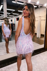 Stunning V-Neck Bodycon Backless Short Dress with Feather Detail Homecoming Dress