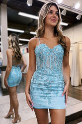 Pretty Spaghetti Strap Bodycon Homecoming Dress with Lace Detail