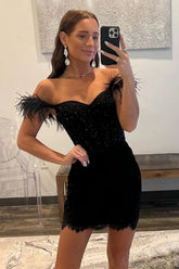 Elegant Off The Shoulder Black Lace Bodycon Dress with Glitter and Feathers Homecoming Dress