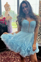 Cute A-Line Tulle Dress with Spaghetti Straps Lace-Up Back and Ruffle Detail Homecoming Dress